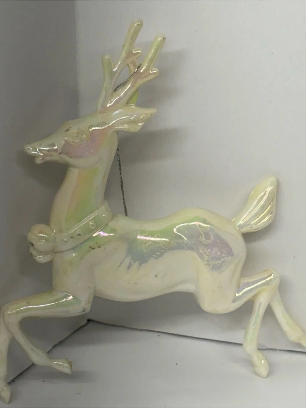 Vintage Plastic White Iridescent‎ Reindeer Deer Christmas Ornament 4.5”